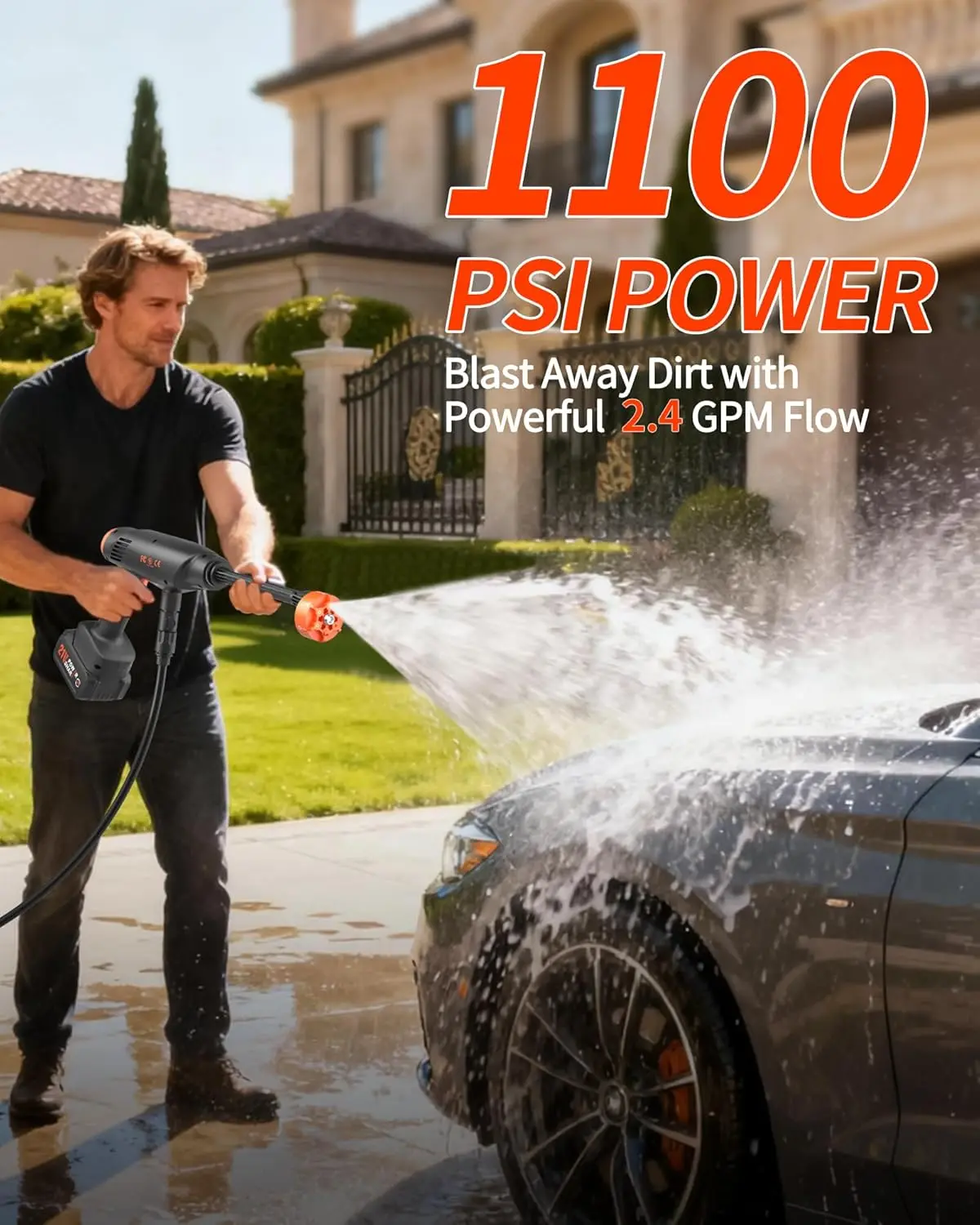 Batteriebetriebener Hochdruckreiniger, 1100 PSI, 2,4 GPM, 21 V kabelloser Handheld mit 6-in-1-Düse und Schaumstoffkanone