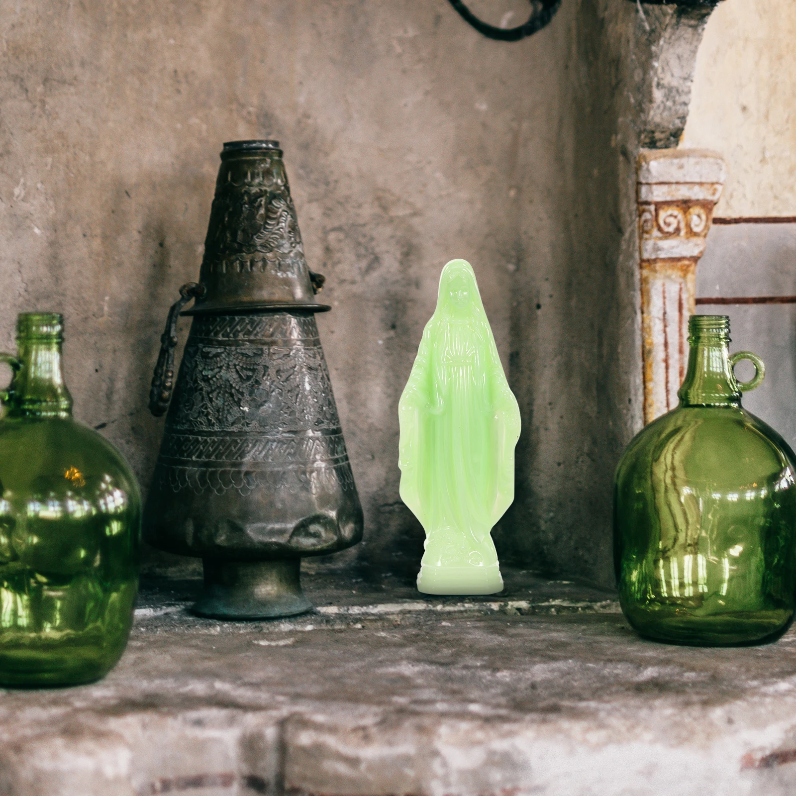 

Luminous Virgin Statue Miniature Religious Ornament Catholic Sculpture Decor for Desktop Garden Tiny Plastic