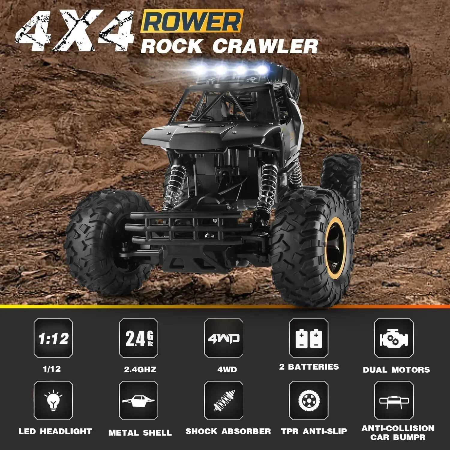 RC Car 4WD Off Road 4x4 Remote Control Cars 37CM 2.4G Radio Buggy Truck Racing High Speed Drift with Led Lights Toy Gift for Boy