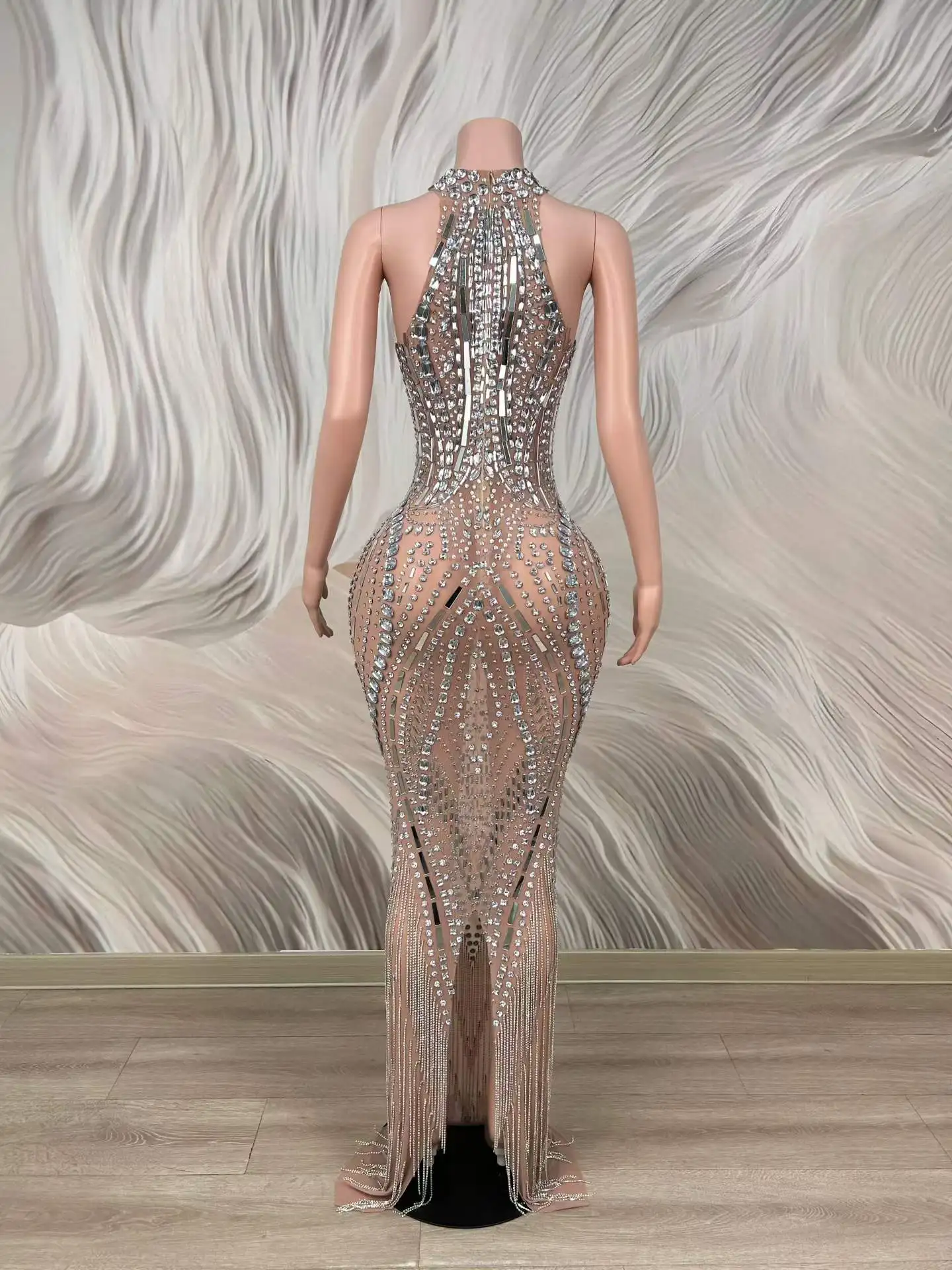 Women Silver Rhinestone Halter Cutout Mermaid Maxi Dress Tassel Mesh Gowns Birthday Evening Wedding Performance Stage Wear view 2