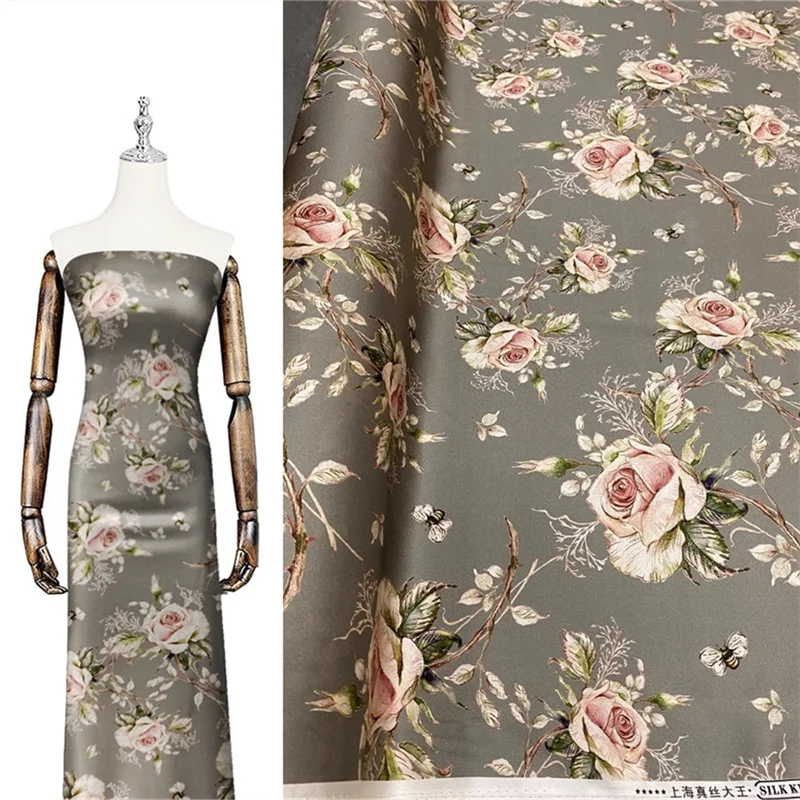 Grey Rose Mulberry Silk High-end Cheongsam Dress Fashion Luxury Handmade Natural Silk Fabric Draping Breathable Satin Material