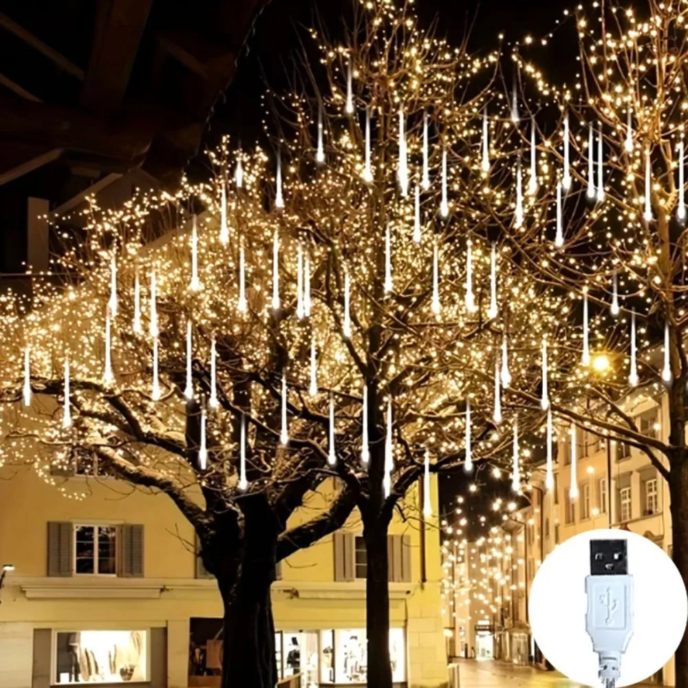 USB Powered Meteor Shower Light LED Meteor String Lights Warm White for Christmas Halloween Home Party Tree Window Outdoor Decor