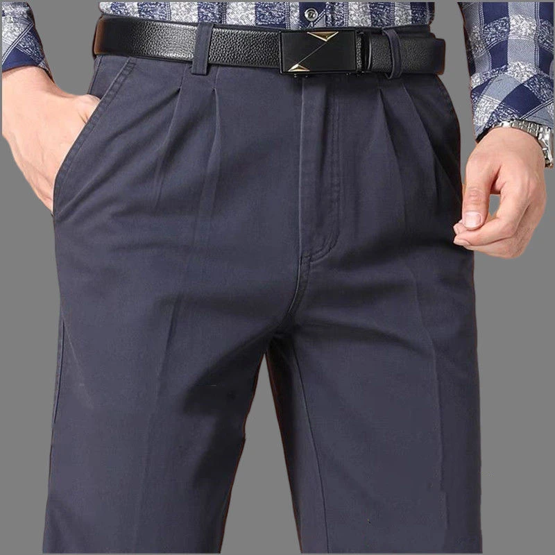 Pure Cotton Thicken Pants Double Fold Men No Ironing High Waist Loose Casual Business Suit Pants Solid All-match Straight Trouse