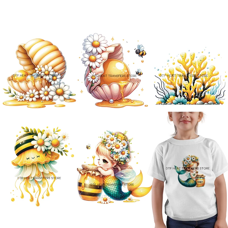 

Latest design cute bee watercolor mermaid Iron On Patch Heat Transfer On Clothes DTF Heat Transfer On Clothes