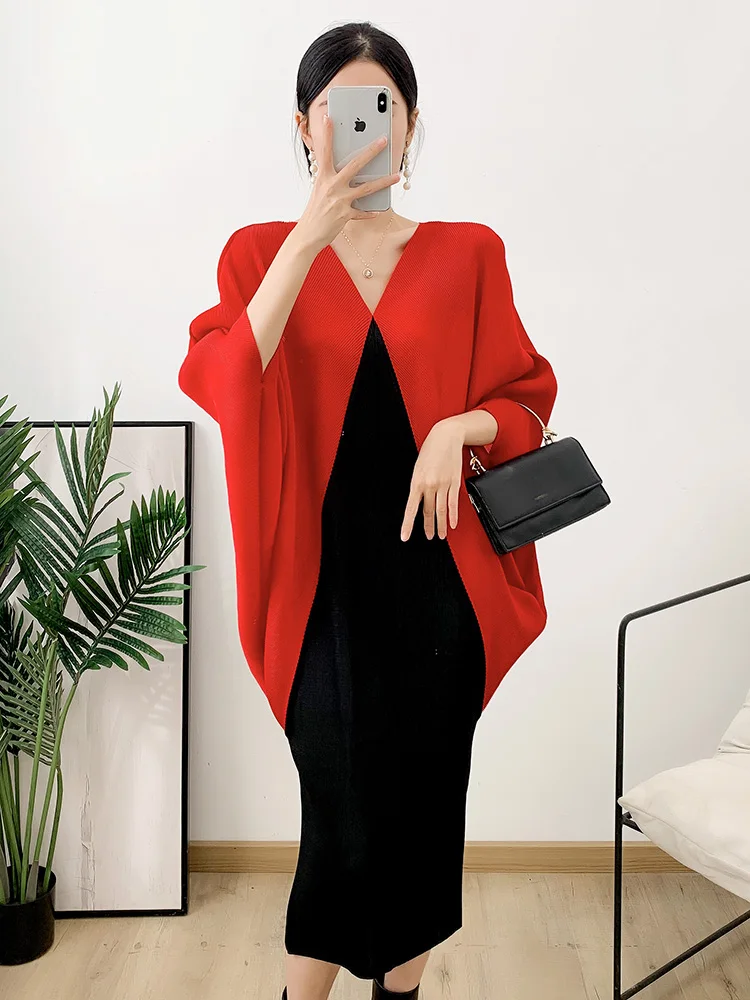 LANMREM Stitching Contrast Color Pleated Dress V Neck Batwing Sleeve Elegant Dresses For Women 2024 New Spring Clothing 2Q1196