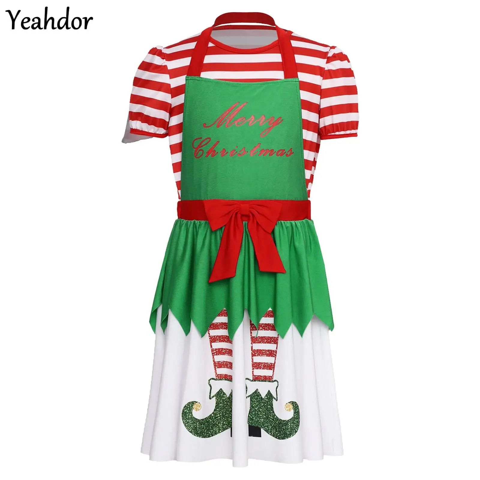 

Girls Christmas Cosplay Elf Costume Fake 2-Pieces Candy Cane Striped Short Sleeve Bowknot Dress Xmas Elf Santa Claus Print Dress
