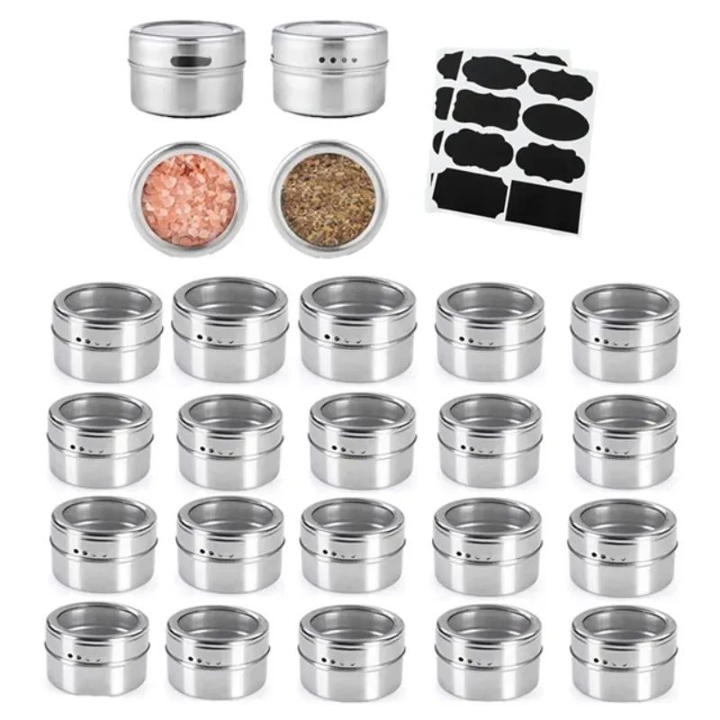 Magnetic Spice Jars Wall Mounted Rack Stainless Steel Spice Tins Spice Seasoning Containers With  Label Seasoning Tank Set