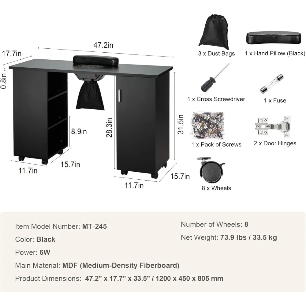 Manicure Nail Table, Mobile Nail Station with Powerful Dust Collector, MDF Nail Tech Desk with 8 Lockable Wheels