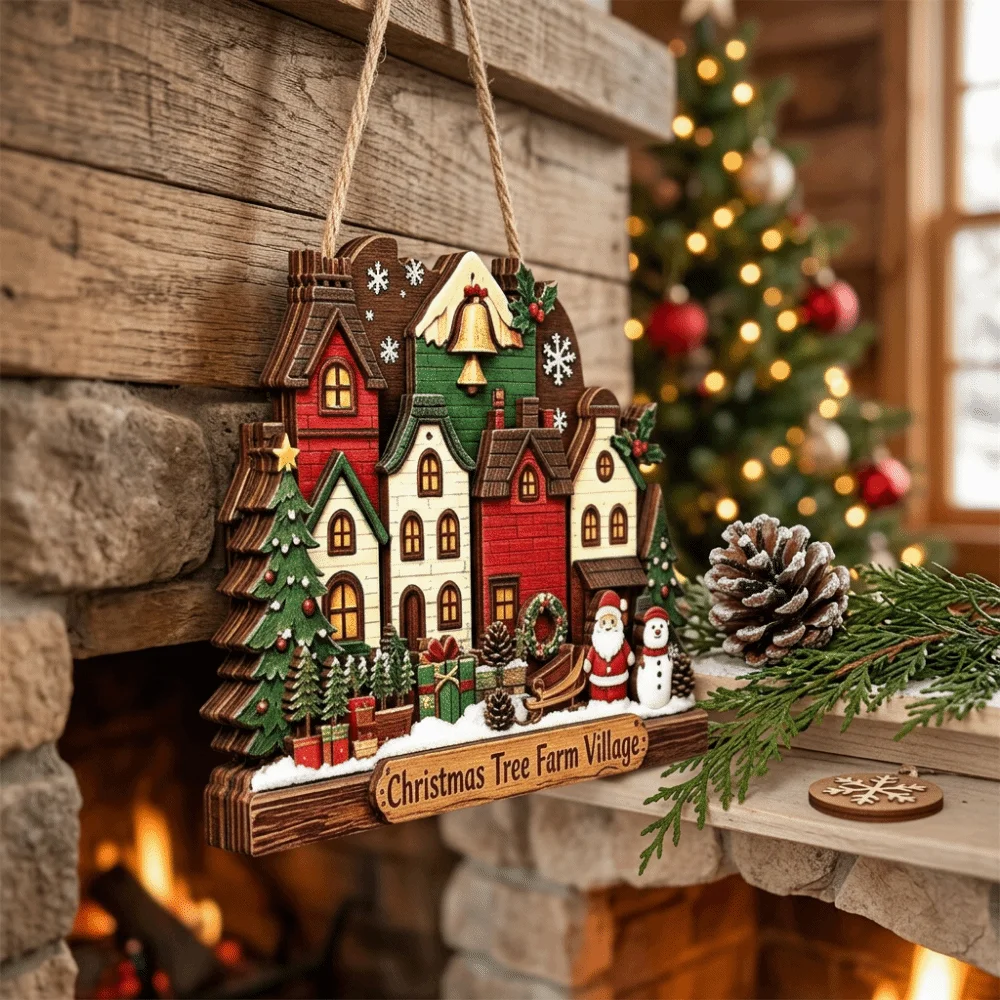 2D Flat Print Christmas Wooden Decoration Sign Santa Claus Snowman Xmas Ornaments Rustic Style Cottage Shape Doorplate Entryway