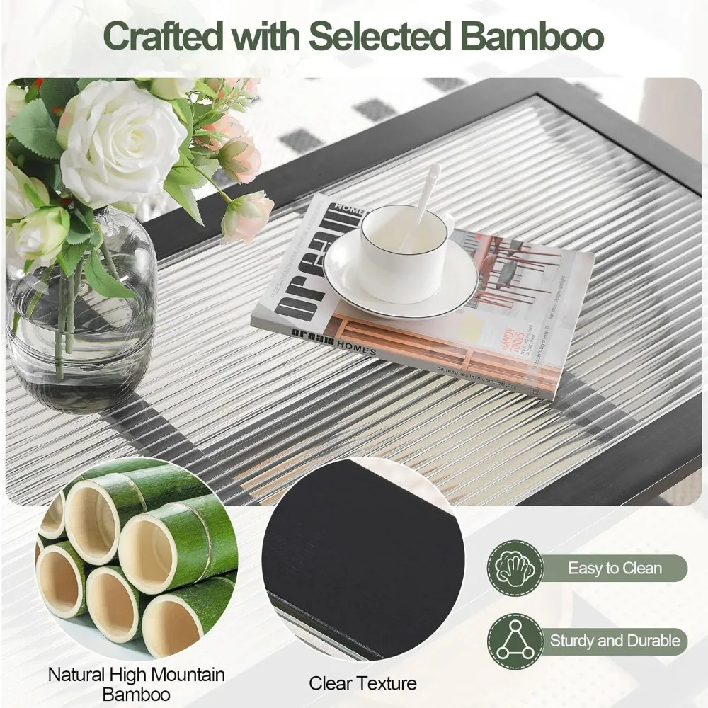 Modern Rectangle Coffee Table with Bamboo Frame, Imitation Rattan Shelf, Ribbed Glass Top, Boho Style