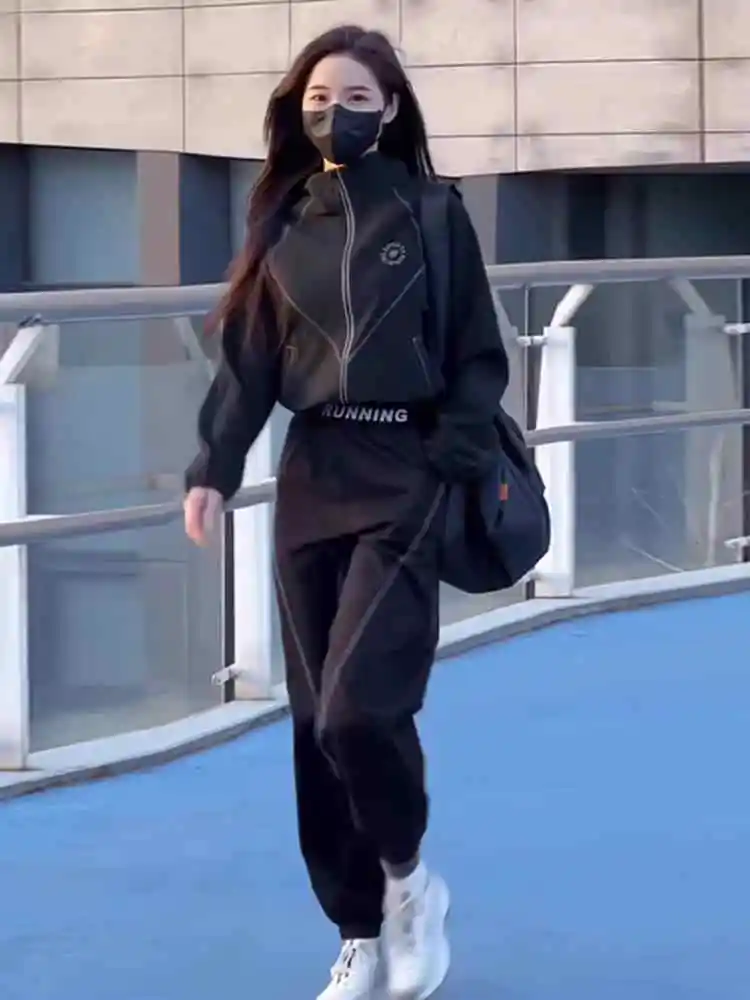 

Fashionable Black Jacket Harlan Pants Two-Piece Set Spring Autumn New Ladies Casual Sports Suit Long Sleeve Zipper Closure