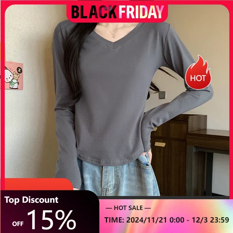 Spring Autumn New V-neck Bottom Shirt Long Sleeve T-shirt Women Slim and Slim Pure Desire Wind Arc Hem Lock Bone Tops