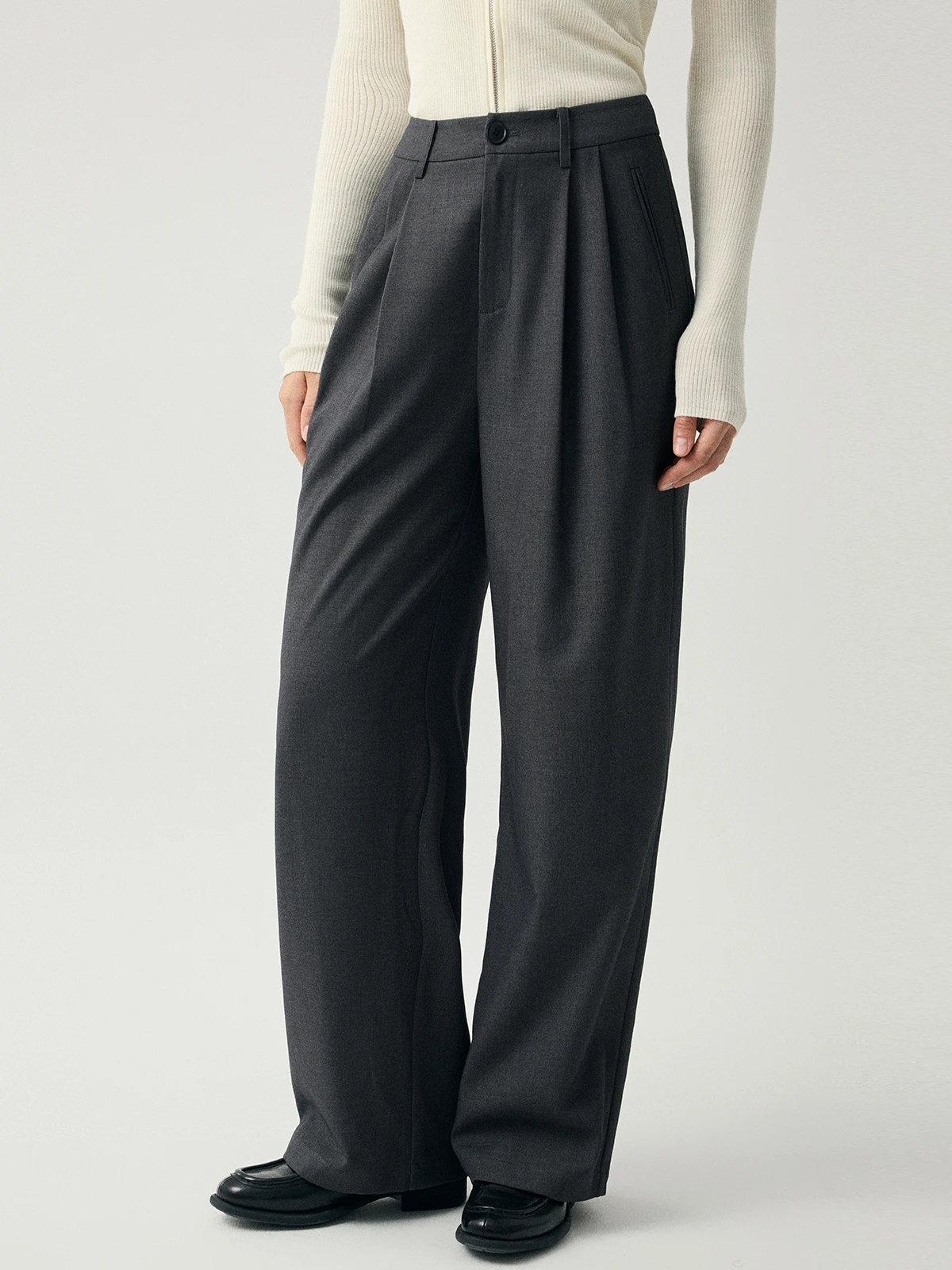 

Gray Wool Blend Casual Wide Leg Pants Women's Autumn Spring High Waist Straight Cut Long Trousers by SHALLOW STREAMS