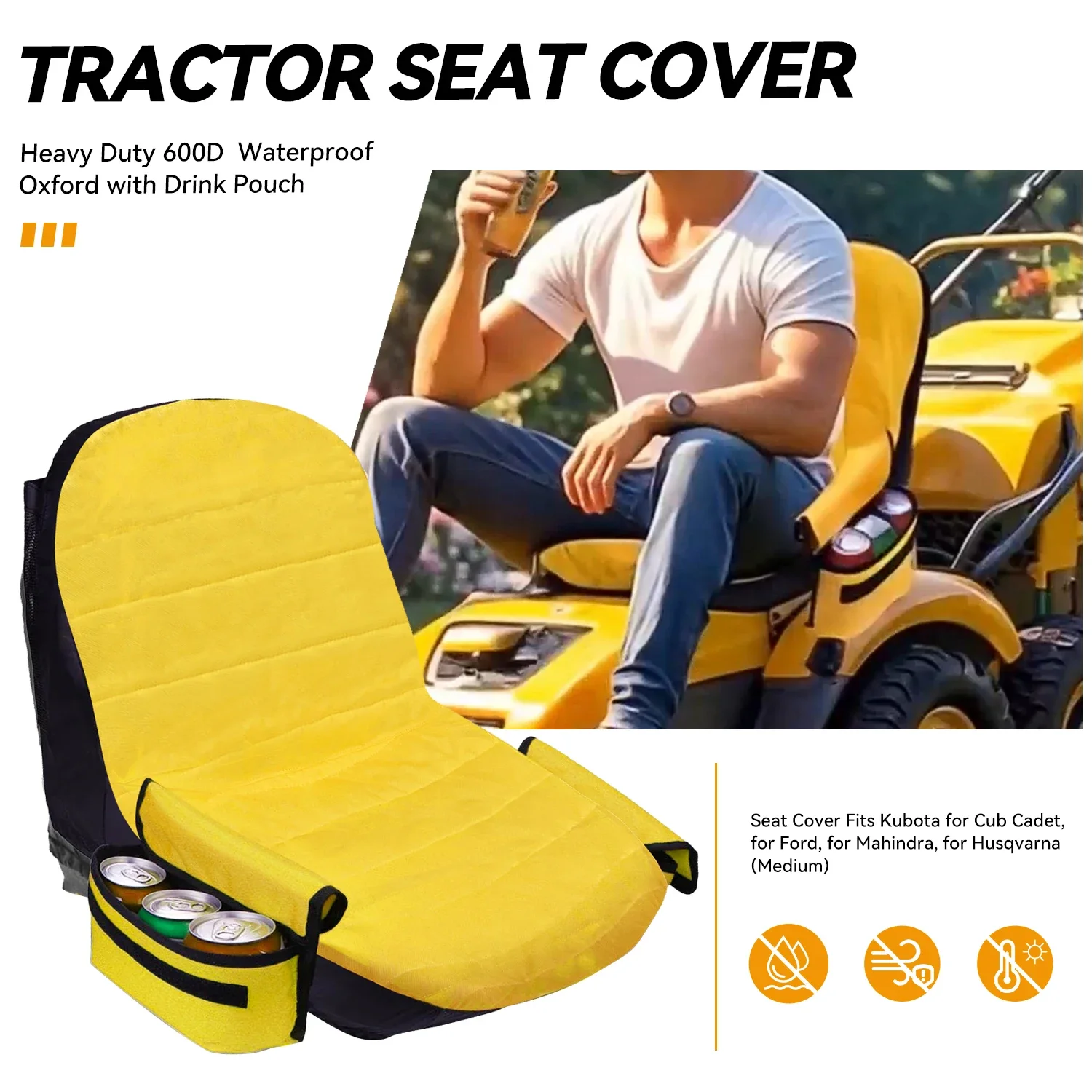 Universal Lawn Tractor Seat Cover W/Storage Pockets - Heavy Duty Waterproof, Fits John Deere Kubota Cub Cadet