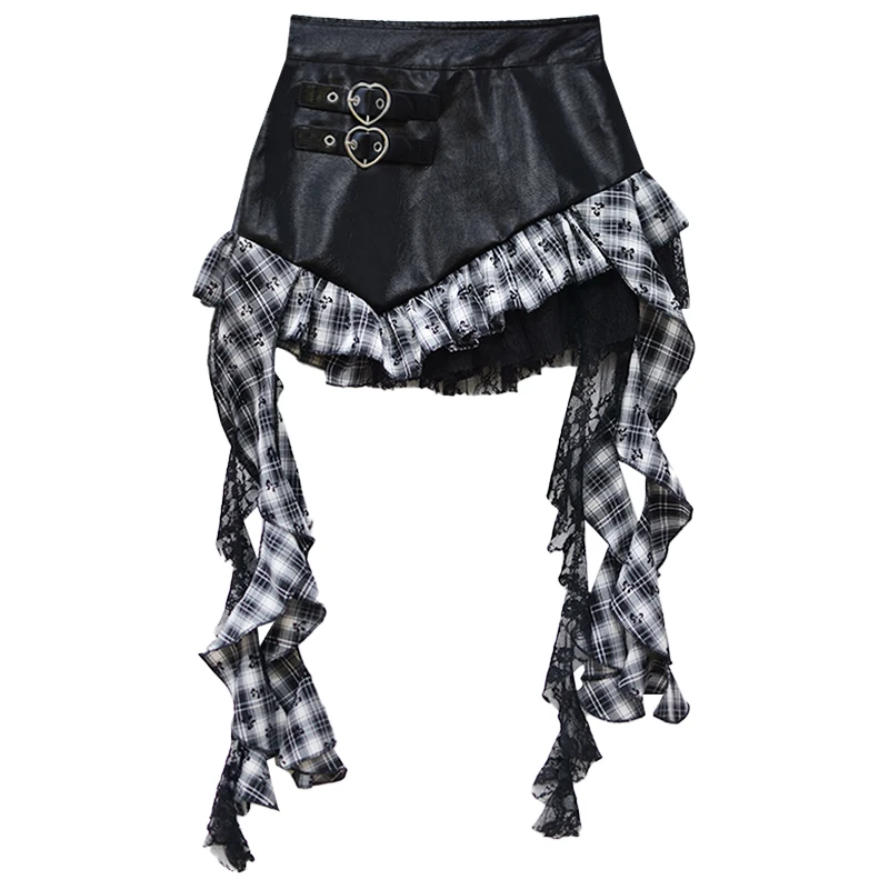 Faux Leather Mini Skirt with Plaid Ruffle Lace Trim Heart-Shape Buckle Asymmetrical Miniskirt Teen-girl e-girl Y2k Grunge Outfit
