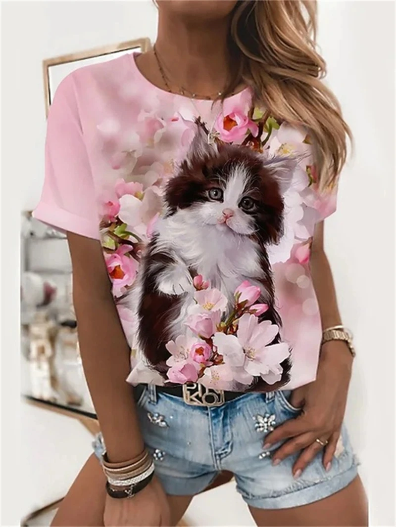 2024 Summer Women T-shirt 3D Cat Woman T Shirts Casual Streetwear O-Neck Short Sleeve Loose Tops 5XL Size Female Oversized Tees