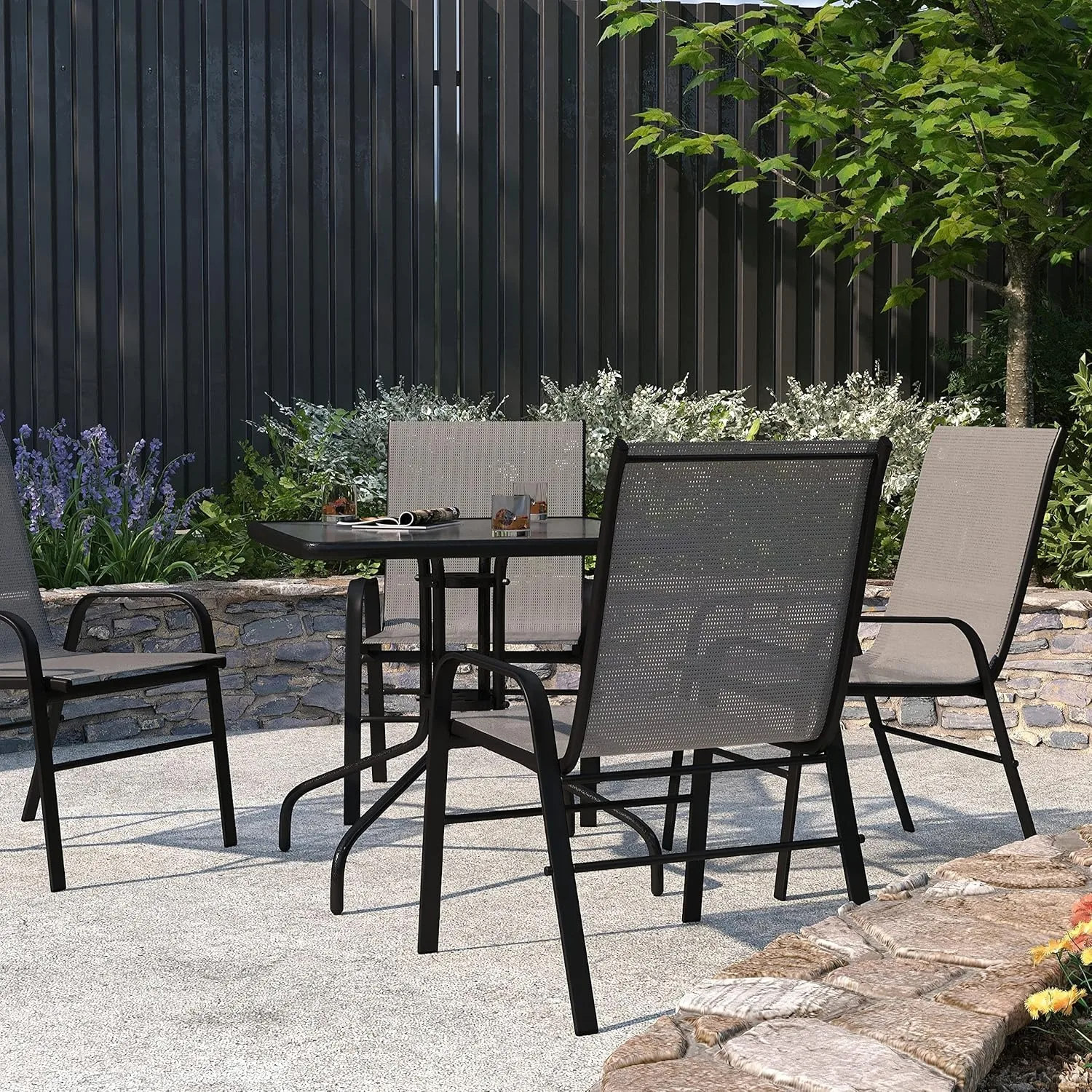 Set of 4 Manado Series Patio Chairs - Gray Flex Comfort Material - Powder Coated Metal Frame - Ships Fully Assembled