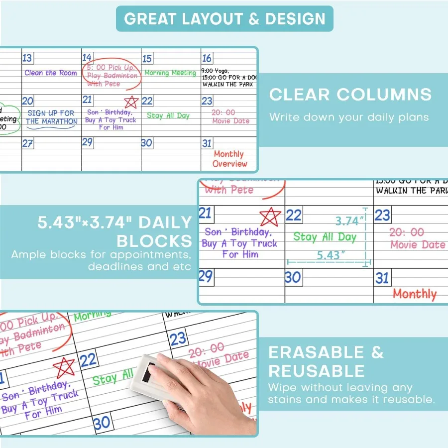 Dry Erase Calendar for Wall Undated 1 Month Wall Calendar Dry Erase 40" x 28" Erasable and Reusable Lamited White Board Calenda