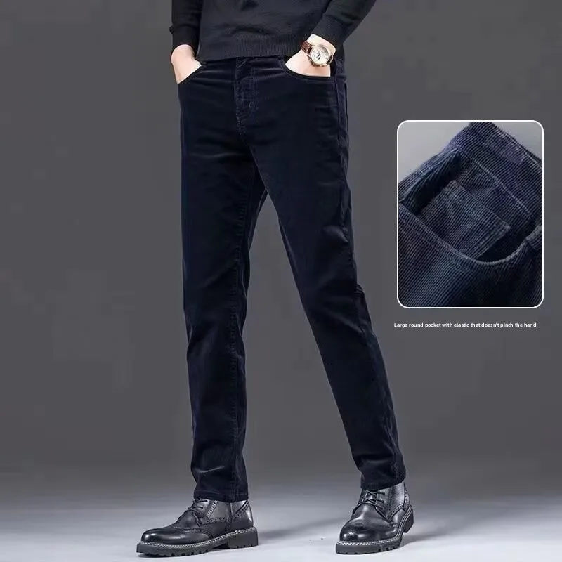 

Мужские вельветовые брюки, свободные прямые брюки с эластичной полоской, облегающие, повседневные, осенние, деловые, повседневные, из полиэфирного волокна, на молнии со средней талией