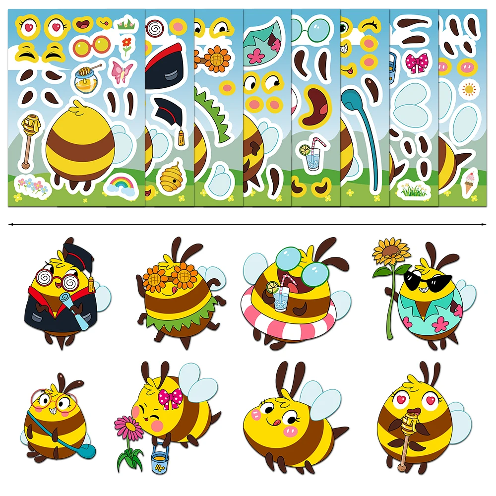 8PCS Bee Cute Puzzle Stickers Cartoon Creative Fun DIY Account Material Manual Tablet Decoration Waterproof Stickers
