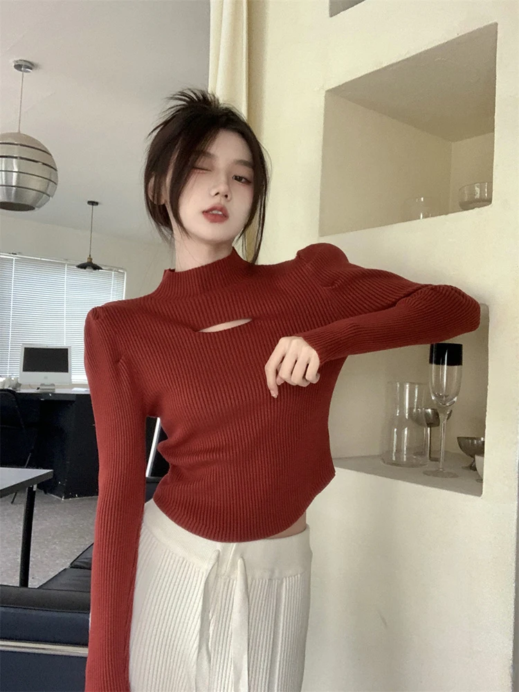 Pull tricoté à col haut pour femme, rouge ajouré, coupe cintrée, vêtements intérieurs pour automne et hiver, Busin décontracté