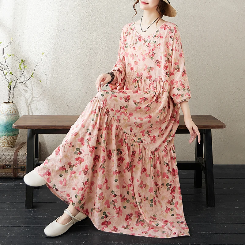 Slimming Blue Floral Cotton Linen Long Sve round Ne Loose Cake Skirt a Line Dr for plus Size Women Autumn Thin Dr