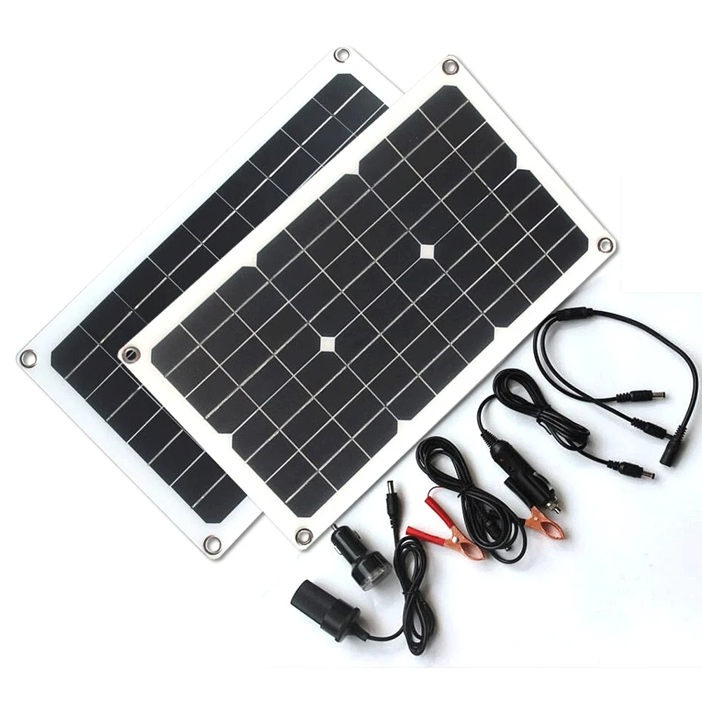 20W-40W Semi-Flexible Solar Panel Outdoor 12V Car Battery Phone Charger DC18V Expansion USB5V Output Photovoltaic Cell PV Plate