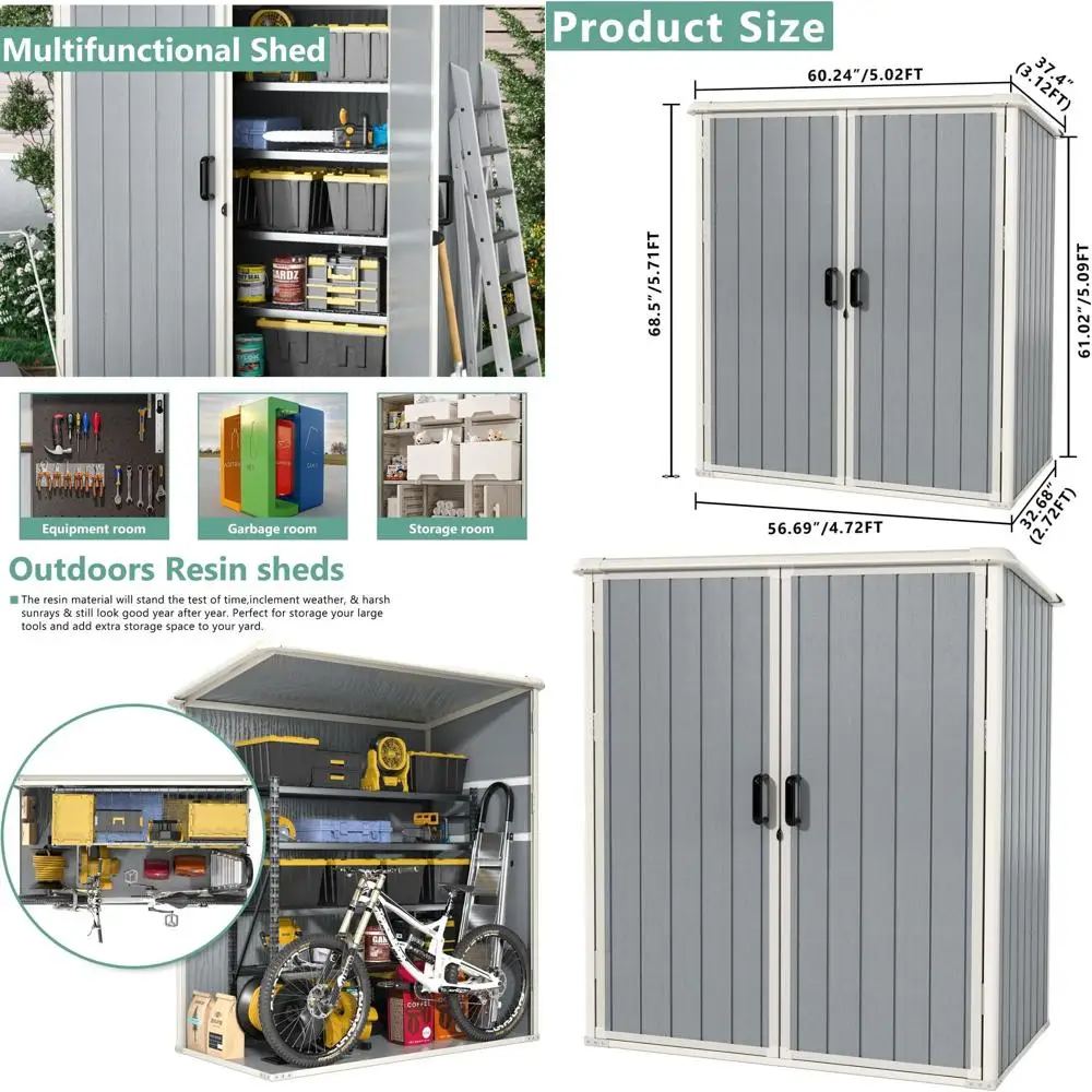 

Наружный сарай из серой смолы 5x3 с наполом, запираемой дверью для инструментов, аксессуаров и садового хранения