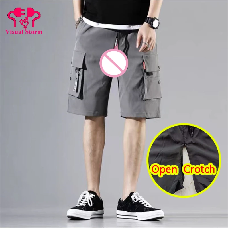 2024 5XL Men Open Crotch Mini Cargo Pants Invisable Zippers Loosed Pockets Fashion Leggings Korean Style Crotchless Clubwear