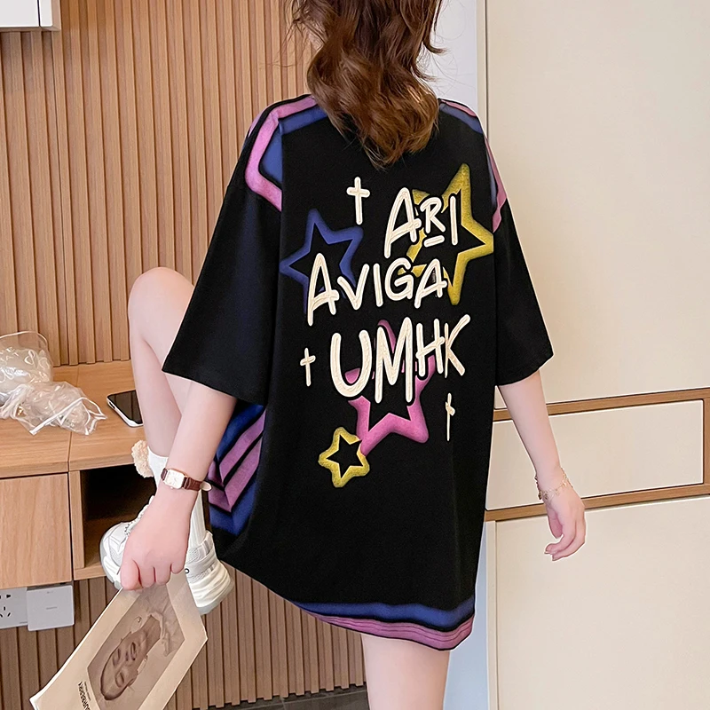 

Summer Cotton Mid-length Round Neck Graffiti Short Sleeve T-shirt Loose Women Y2k Top Ins Tees