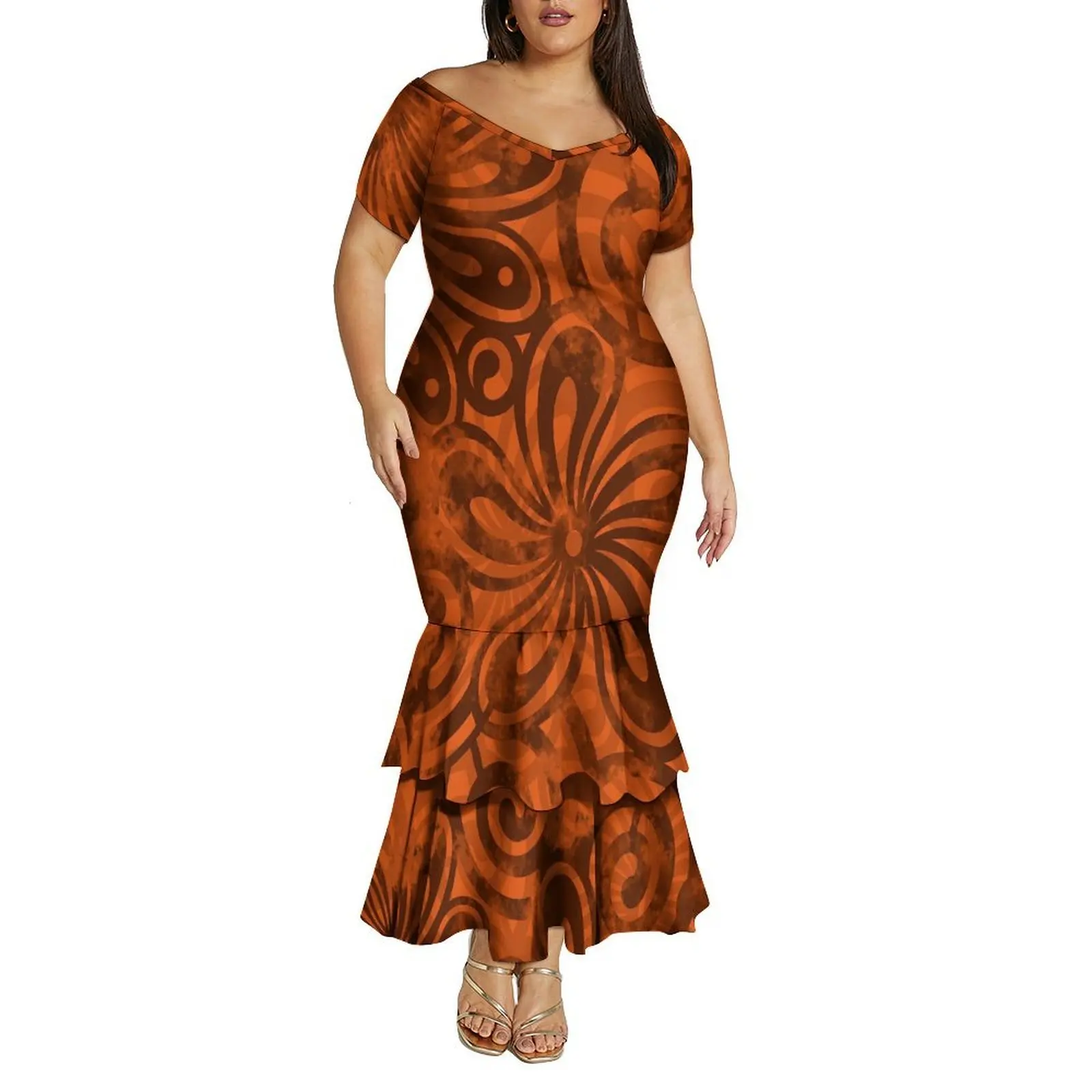 Vestido feminino grande com decote em V, ombro de fora, camada dupla, rabo de peixe, um padrão de vestido fino feito sob medida para polinésia