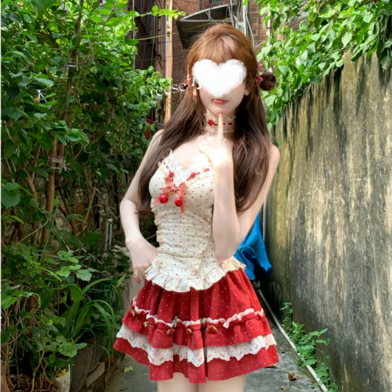 Sommer Süße Off Schulter Sling 2-teiliges Set frauen Cottagecore Dünne Spitze Weste Tops Design High-taille kirsche Kuchen Kurzen Rock