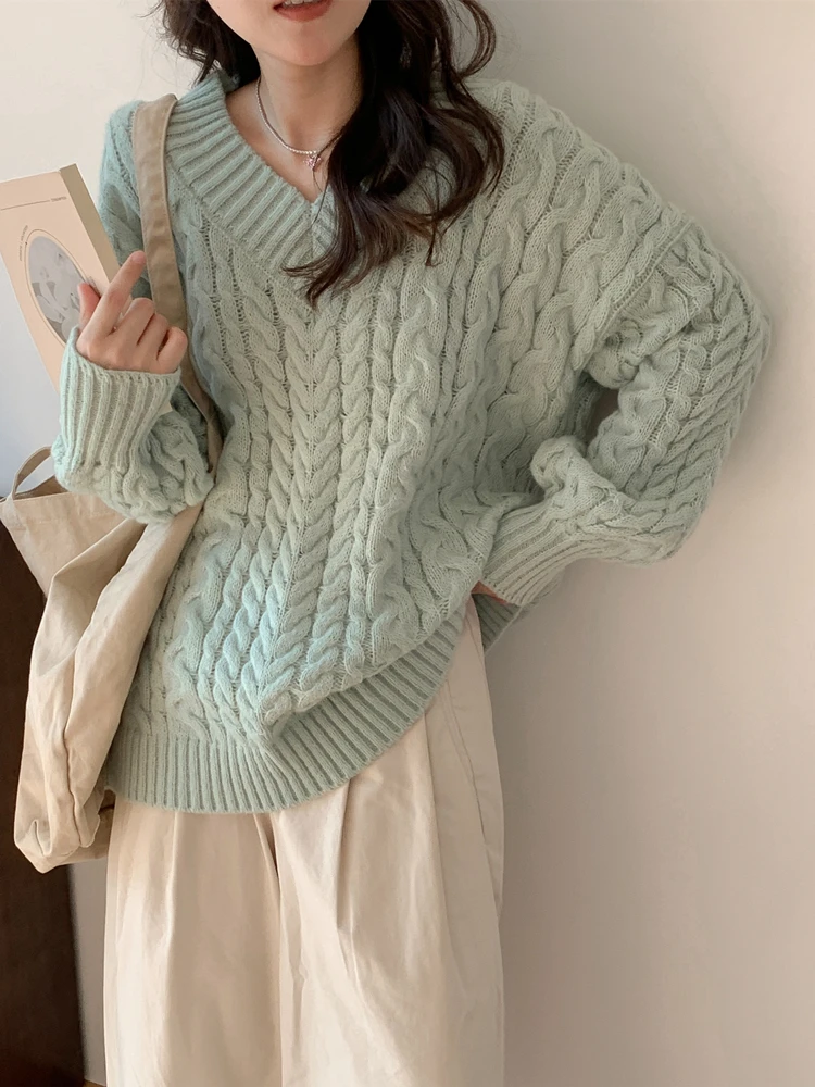 Colorfaith SW5144JX New 2023 Chic Korean Fashion Oversized Sweaters Pullovers Elegant Vintage V-Neck Women Winter Spring Tops