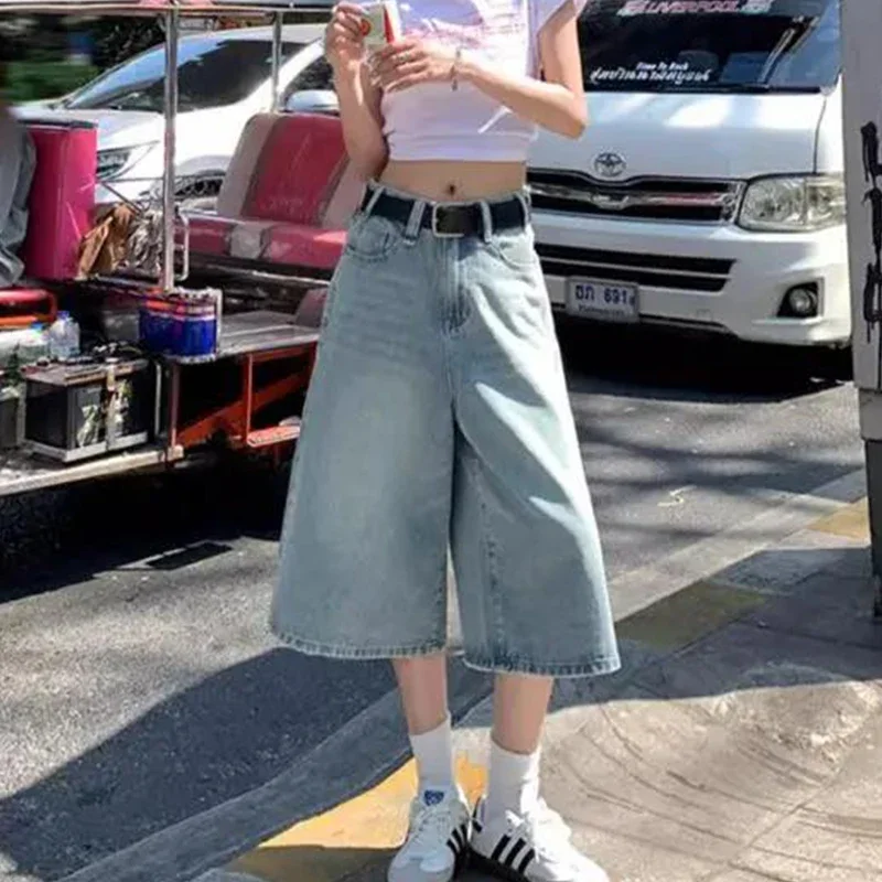 Vintage Y2k Baggy Denim Shorts Women Wide Leg Pants Fashion High Waist Wash Knee Length Barrel Jeans Mens Jean Shorts