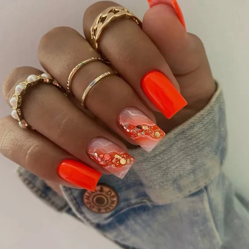 24Pcs Mid-length False Nails Pink Square Fake Nail with Lotus Design Wearable Ballet Press on Nail Sequin Decor Full Cover Tips