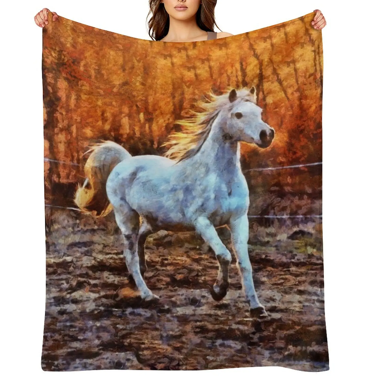 

A White Horse Galloping With The Sun Setting Behind The Trees Digital Painting Throw Blanket decorative Camping Blankets