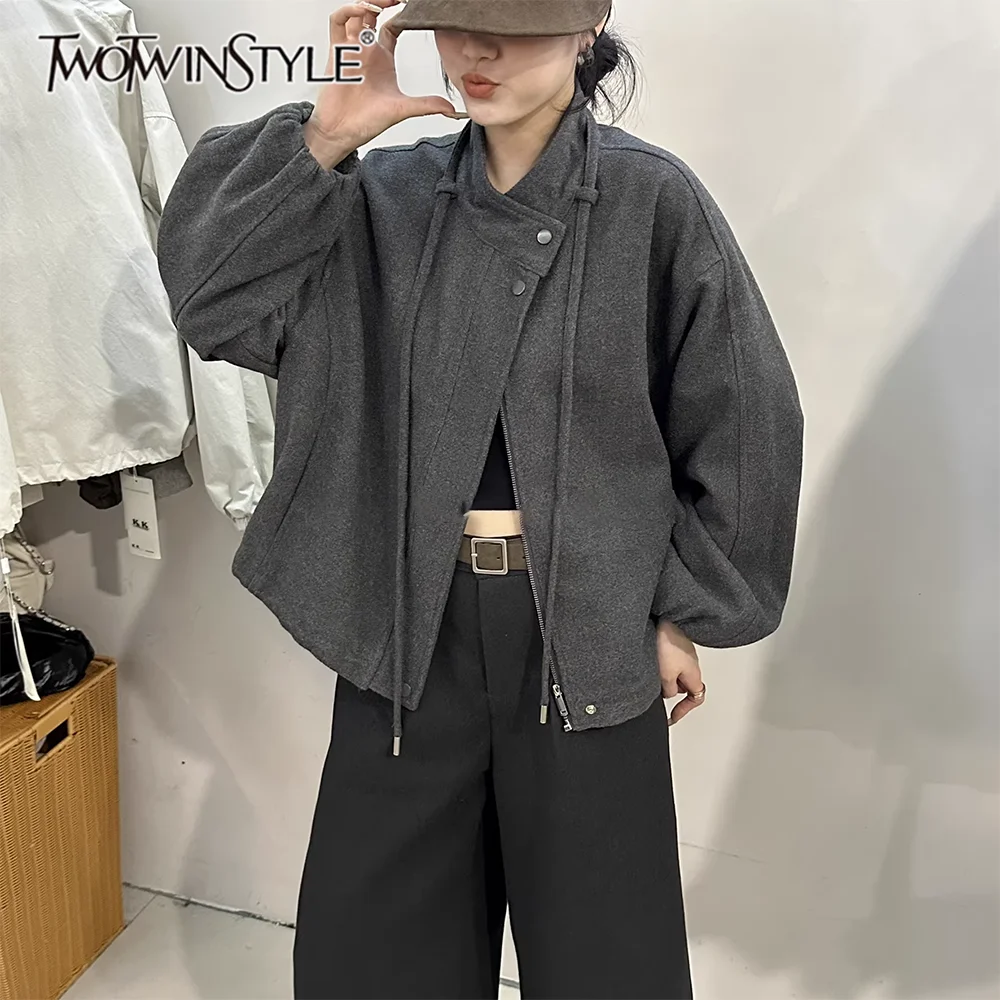 

TWOTWINSTYLE Solid Spliced Drawstring Jacket Female Turtleneck Long Sleeve Loose Office Lady Women's Jackets Autumn Fashion New
