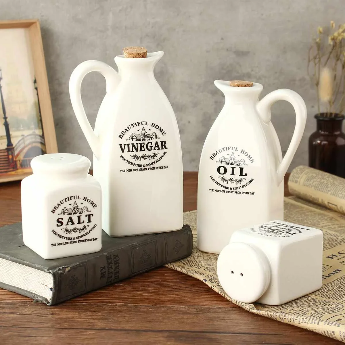4pcs Ceramic Spice Jar With Wooden Cork Kitchen Condiment Bottle Seasoning Pot Pepper Vinegar Oil Salt Bottle Cooking Spice Tool
