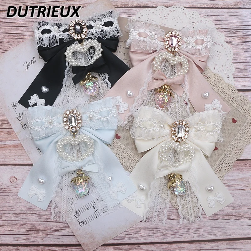 

New Headwear Japanese Style Headdress Barrettes Sweet Cute Bow Lace Strawberry Pendant Lolita Accessories for Women Hair Clip