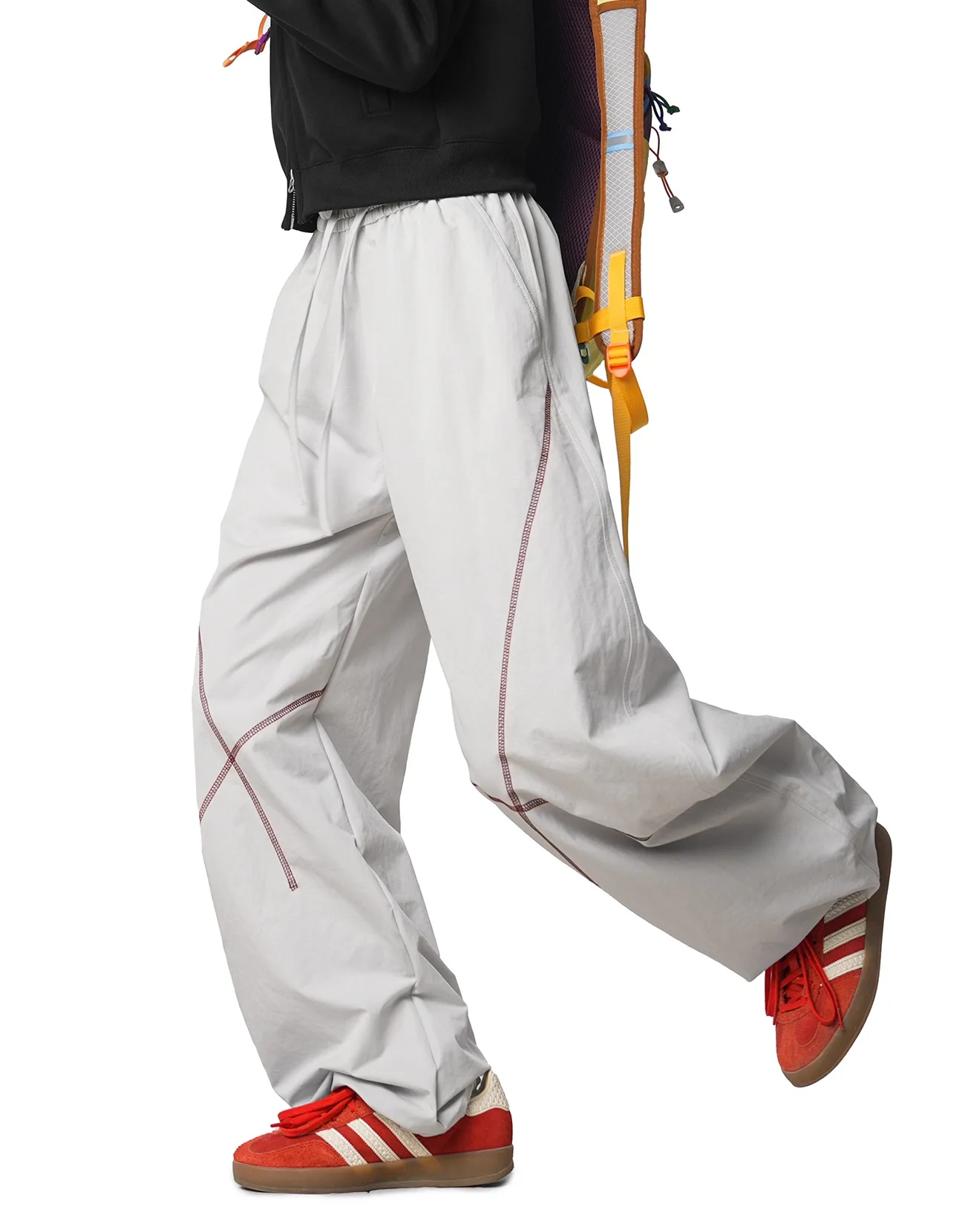 Neue Damen-Hose mit Kordelzug, weitem Bein, Kontrastnähten, Kreuzlinien, lässige, lockere Baggy-Hose, elastischem Bund, Streetwear, Parachu – Detail 3