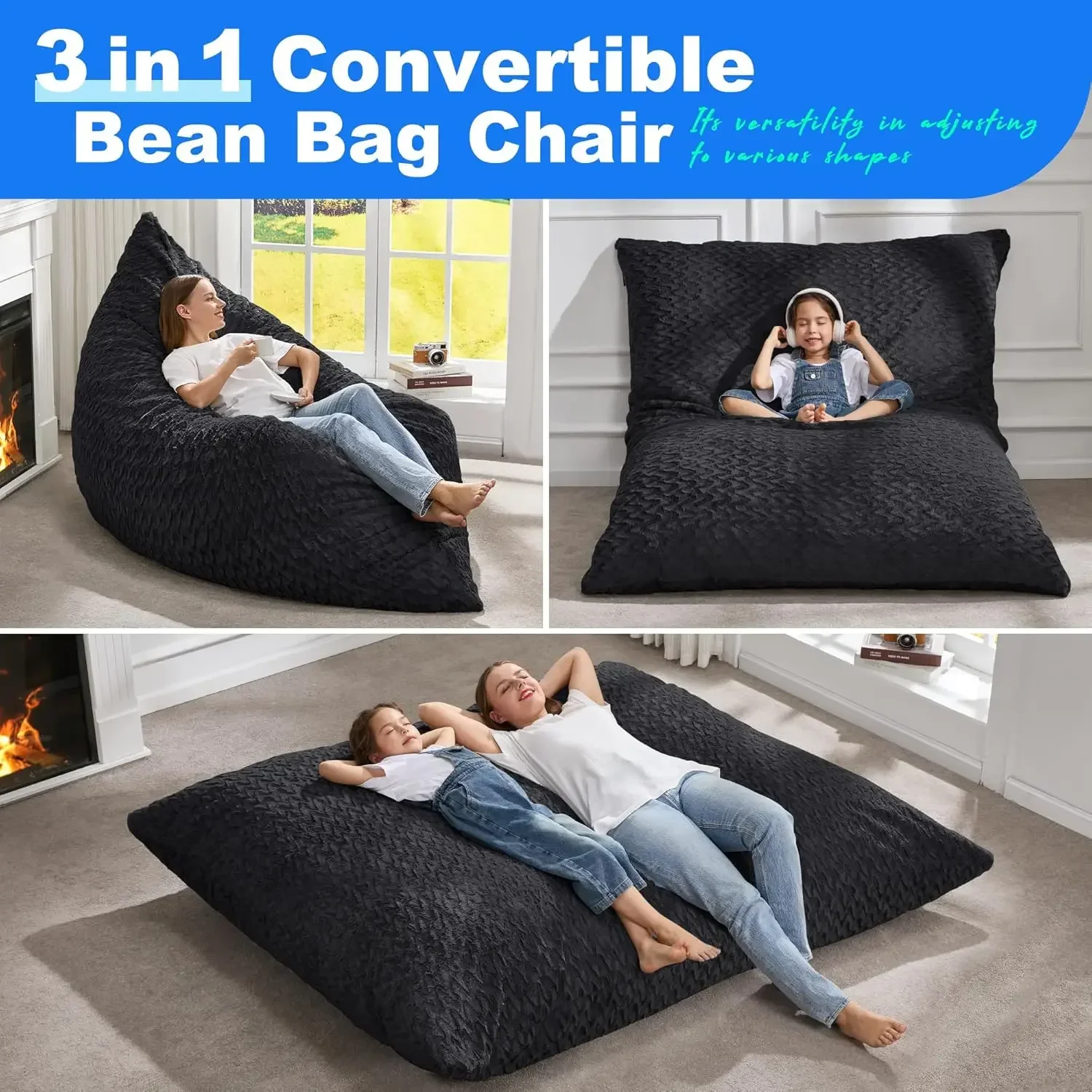 3 in 1 Bean Bag Chair Giant Bean Bag Chairs for Adults with Chevron Plush Fur Cover Convertible Bean Bag Floor Cushion with Mach