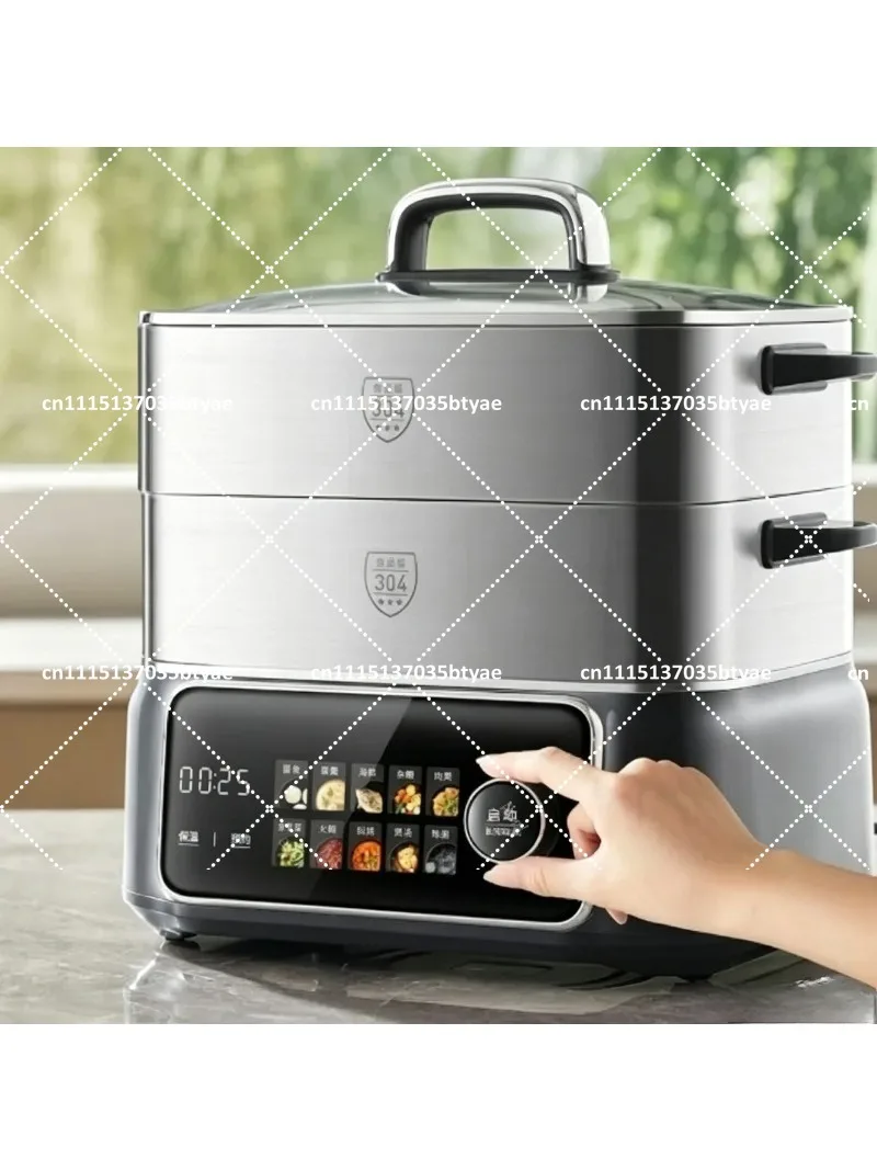 Modern Minimalist Electric Food Steamer 18.5L Large Capacity 3 Tier 304 Stainless Steel No Coating Cooking Pot Preset Timer