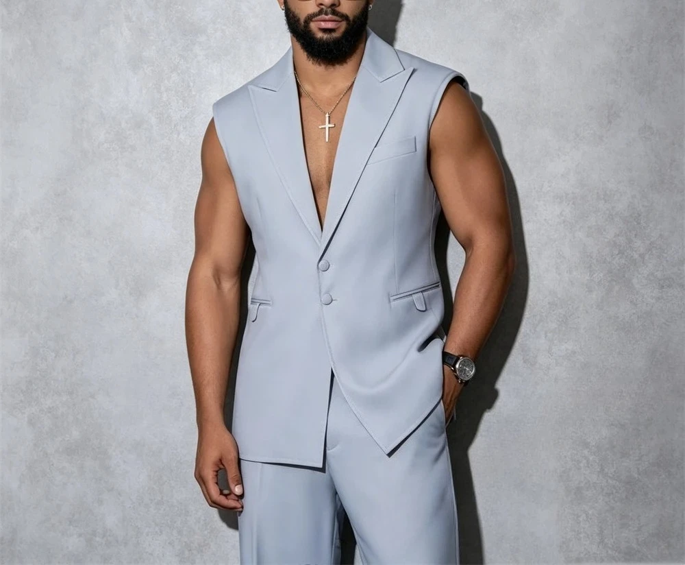 Summer Waistcoat Pants Set, Single Breasted Notched Lapel Vest with Matching Pants Tailored Gathering Dinner Party Wear
