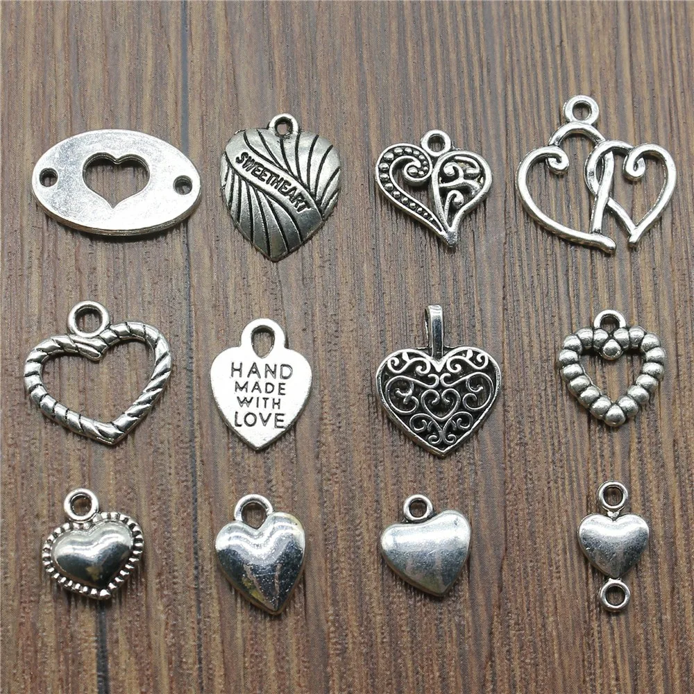 20 Uds. De dijes de corazón de plata antigua, joyería de amuletos de corazón pequeños DIY, dijes de corazón para fabricación de pulseras