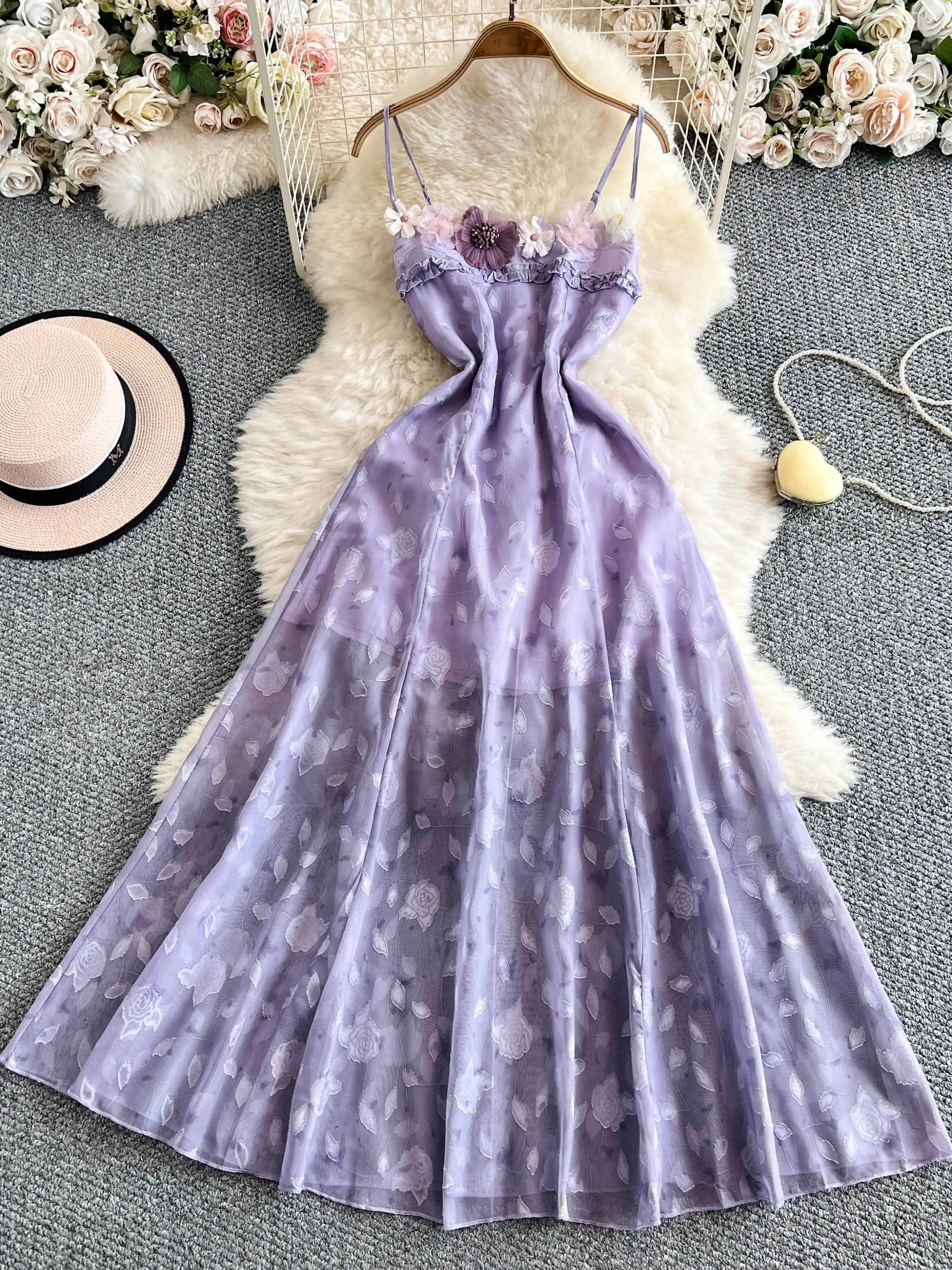 

Women's Purple Luxury Long Dress Vintage Elegant 3D Floral Off Shoulder Evening Dress Y2k One Piece Frocks 2000s Clothes Summer