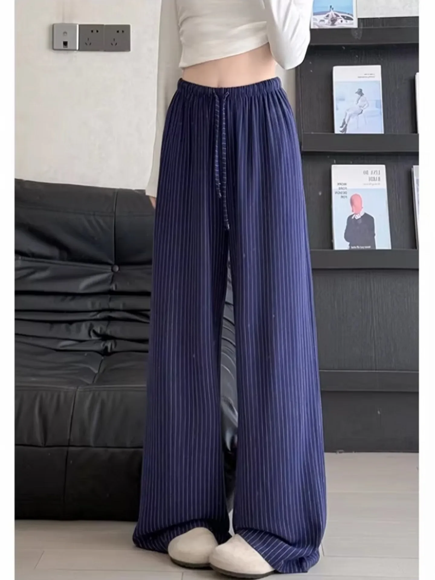 Japanese Style Cotton Linen Stripe Wide Leg Pants Women Summer Thin Loose Slimming Lazy Linen Straight Casual Work Long Trousers