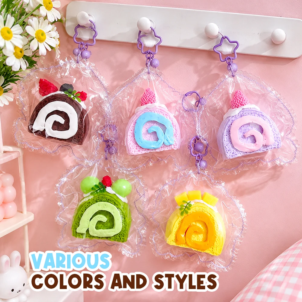 Simulation Swiss Roll Silicone Squeeze Toy Fidget Toy Cute Bell Keychain Bag Pendant Stress Relief Toy for Adults Gift