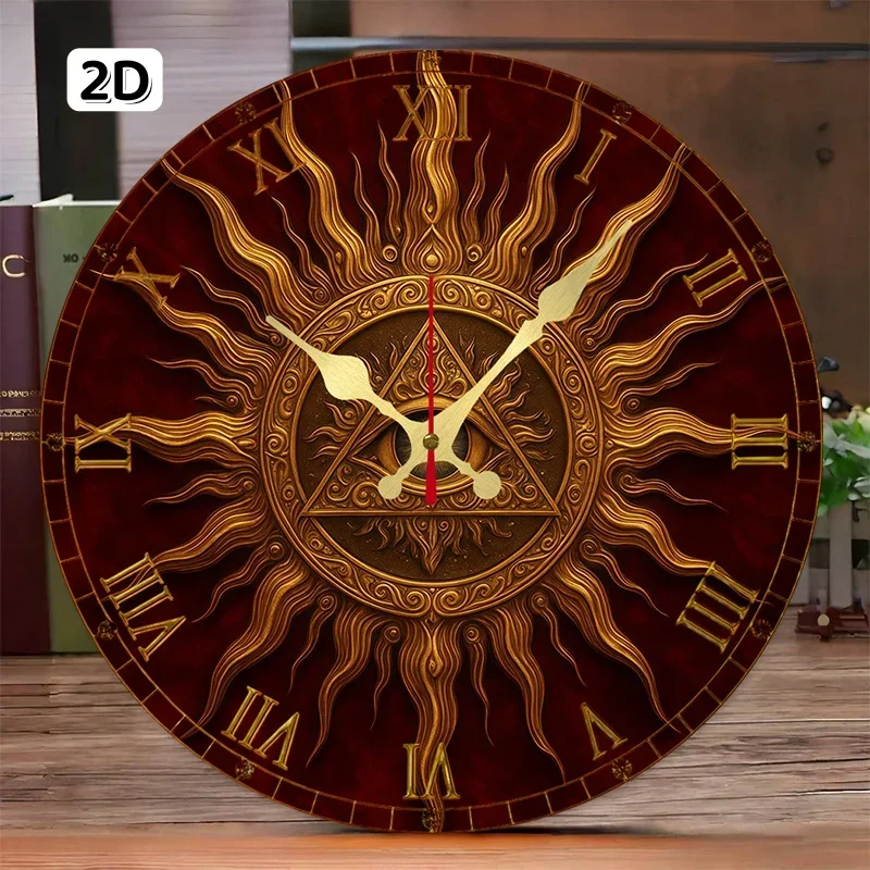 All-Seeing Eye Sun Wooden Round Silent Hanging Wall Clock, Suitable For Living Room, Office,Study Room, Bedroom,Home Decoration.