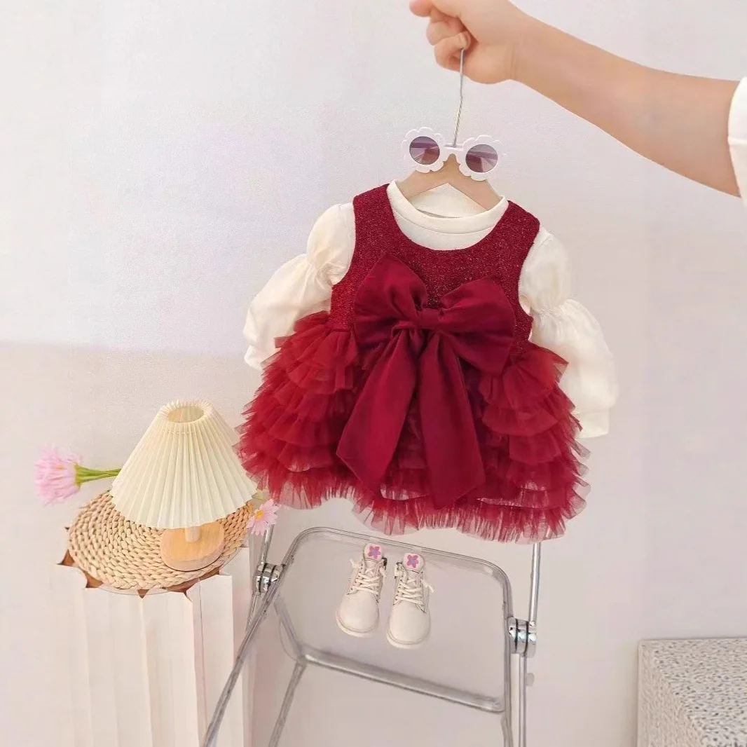 Girls' Winter Plush Two Piece Set 2025 New Western Style Children's One Year Old Baby Dress Red Princess Dress