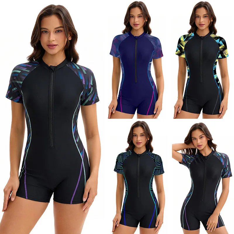 Maillot de bain une pièce pour femmes, manches courtes, fermeture éclair sur le devant, protection anti-UV, motifs imprimés, maillot de bain de sport, maillot de bain de surf conservateur.